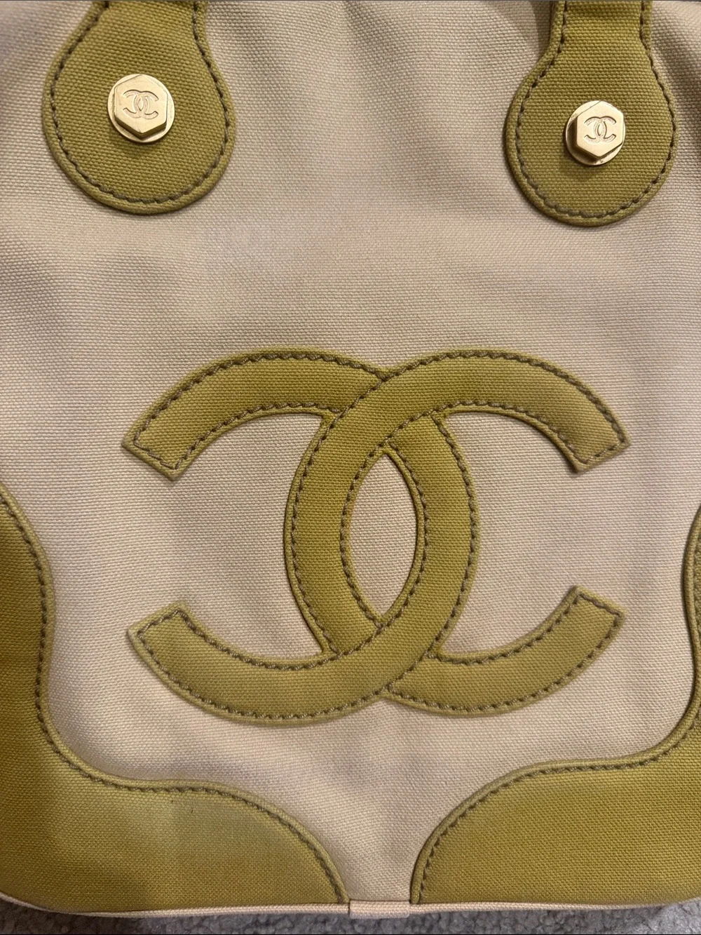 CHANEL Olive Green Trim Beige Canvas Tote with Interlocking CC